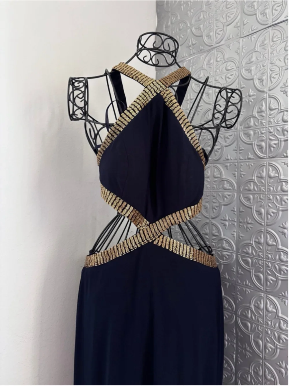 Joanna Chen Elegant Cut out padded beaded gown halter maxi dress navy blue gold